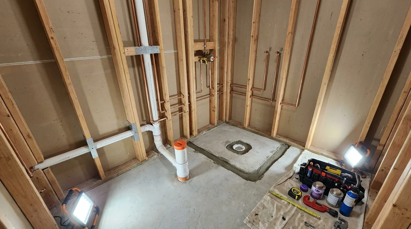 Bathroom rough-in plumbing during remodel by Johns Plumbing LLC in Pryor
