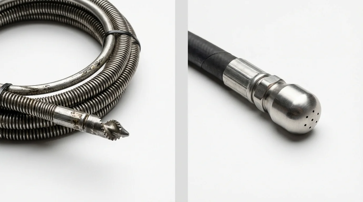 Drain snake cable and hydro jetting nozzle used for drain cleaning in Pryor, OK