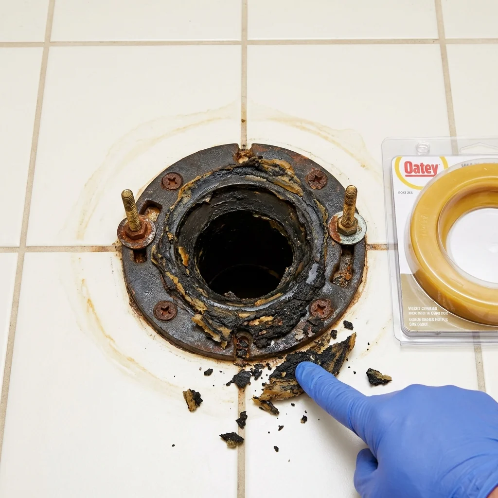 Failed wax ring showing water seepage at the base of a toilet in a Pryor, OK home